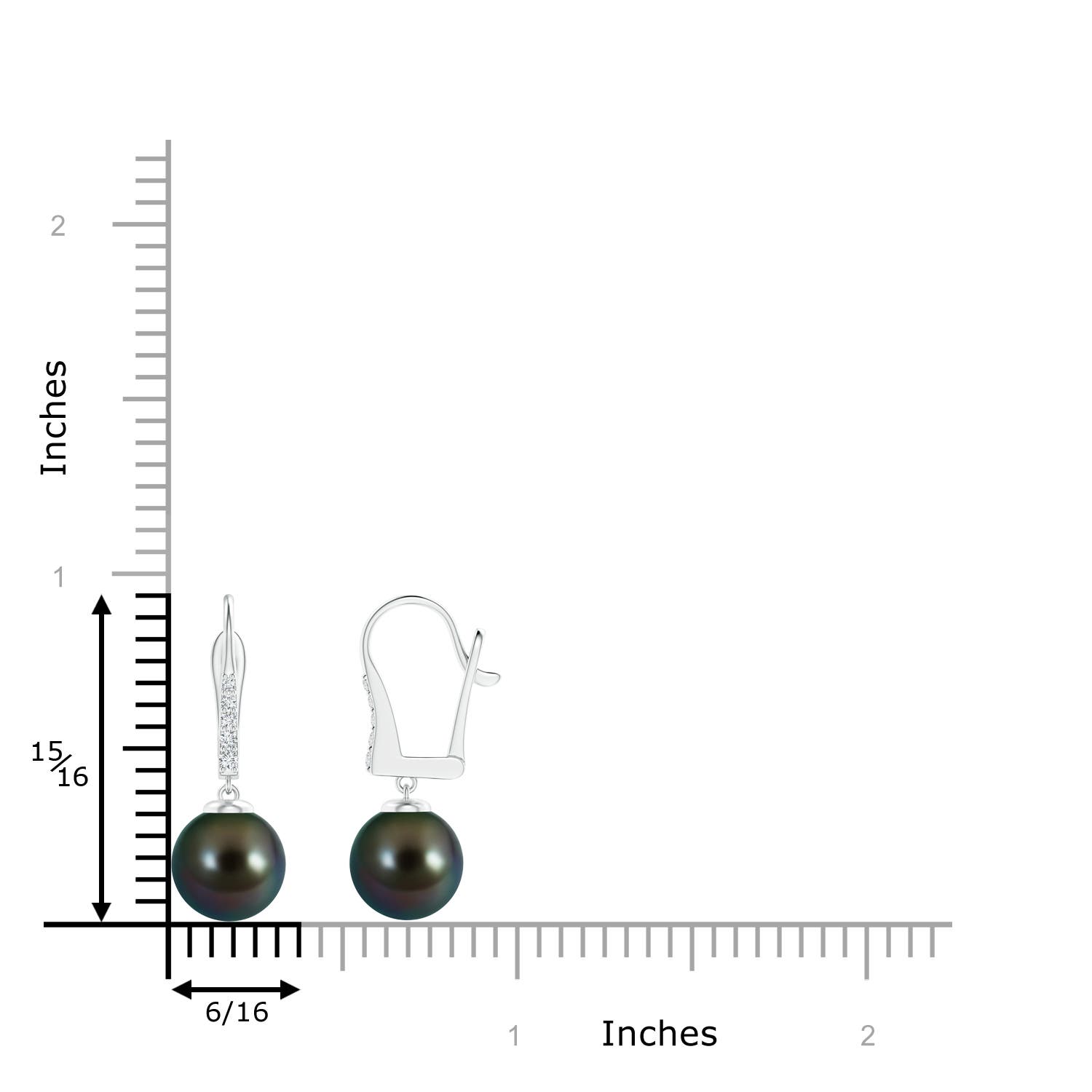 9mm AAAA Tahitian Pearl and Diamond Leverback Earrings in White Gold - ruler