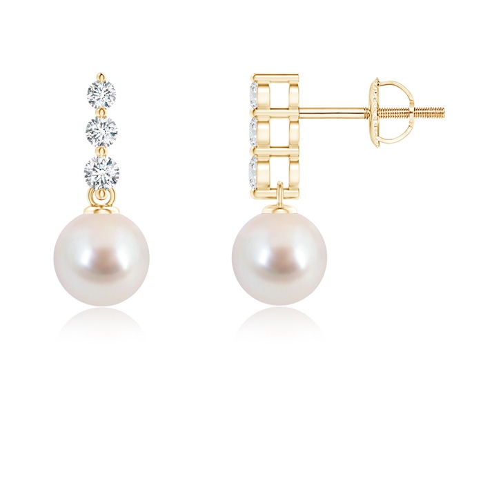 6mm AAA Japanese Akoya Pearl Earrings with Graduated Diamonds in Yellow Gold 