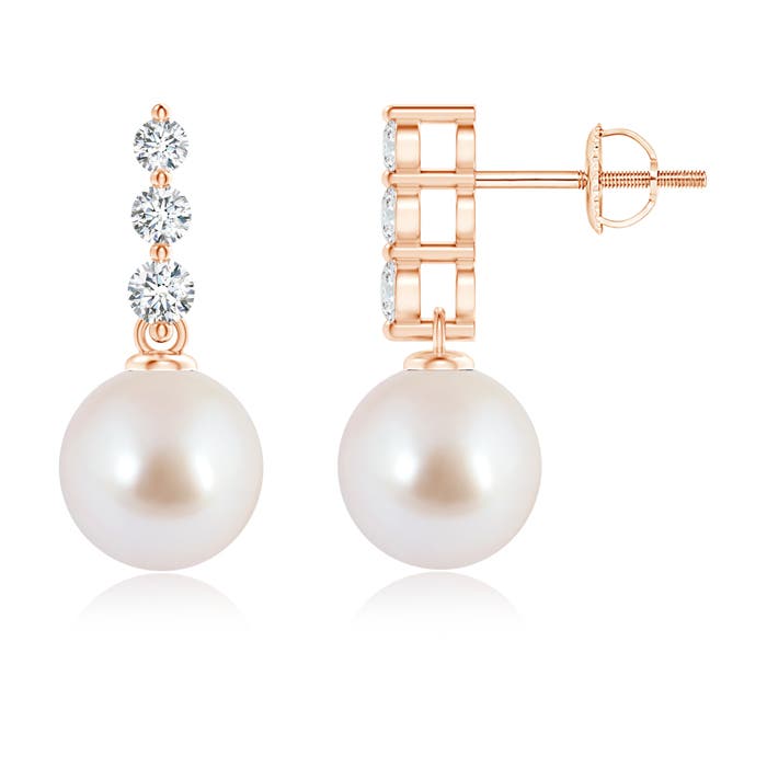 8mm AAA Japanese Akoya Pearl Earrings with Graduated Diamonds in Rose Gold