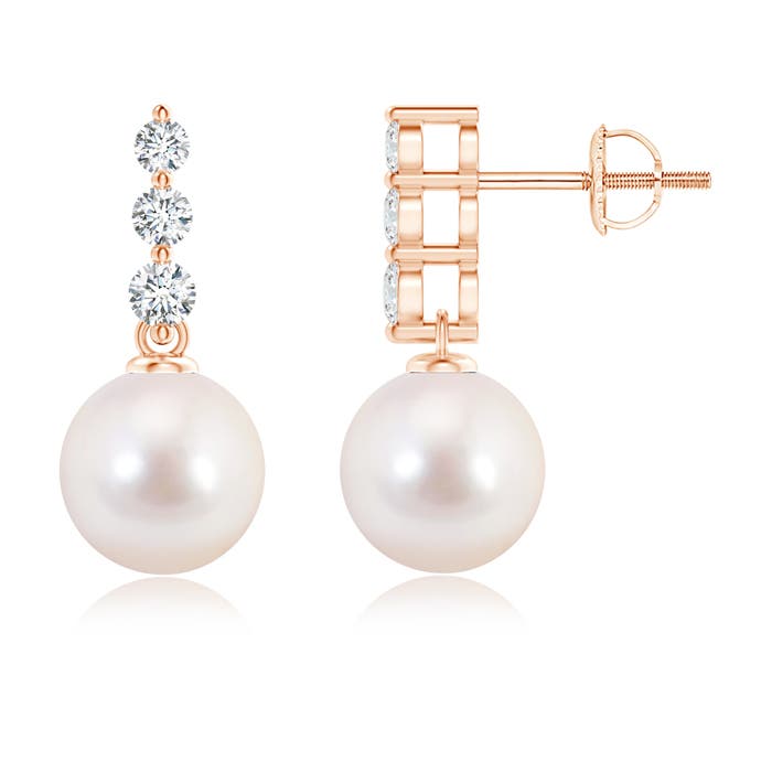 8mm AAAA Japanese Akoya Pearl Earrings with Graduated Diamonds in Rose Gold