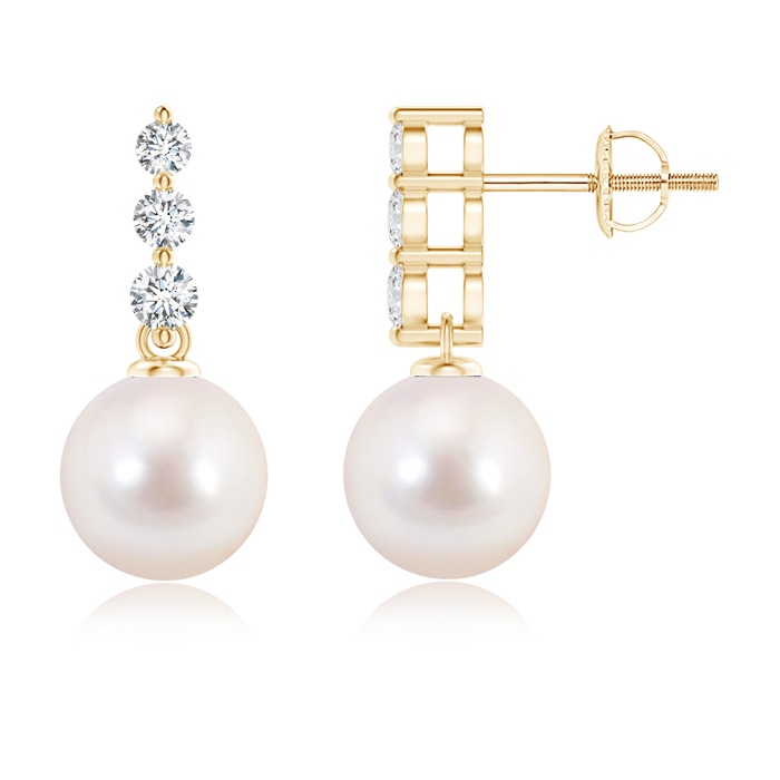 8mm AAAA Japanese Akoya Pearl Earrings with Graduated Diamonds in Yellow Gold 