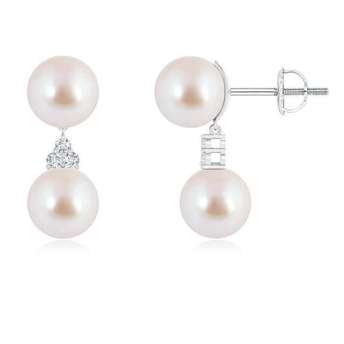 8mm AAA Japanese Akoya Pearl Drop Earrings with Trio Diamonds in White Gold