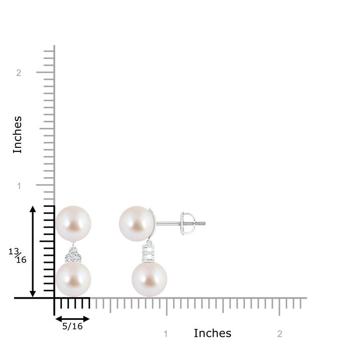 8mm AAA Japanese Akoya Pearl Drop Earrings with Trio Diamonds in White Gold - ruler
