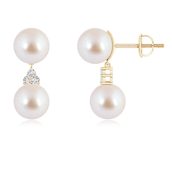 8mm AAA Japanese Akoya Pearl Drop Earrings with Trio Diamonds in Yellow Gold