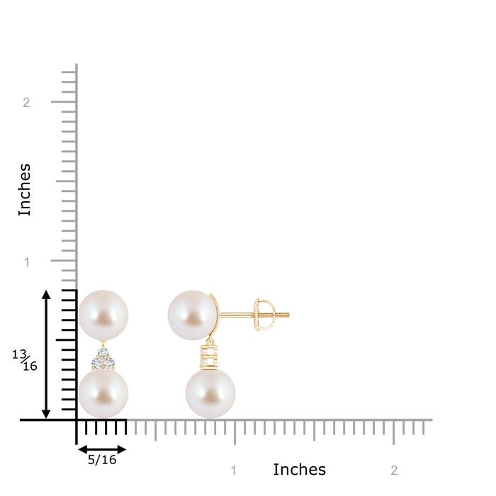 8mm AAA Japanese Akoya Pearl Drop Earrings with Trio Diamonds in Yellow Gold - ruler