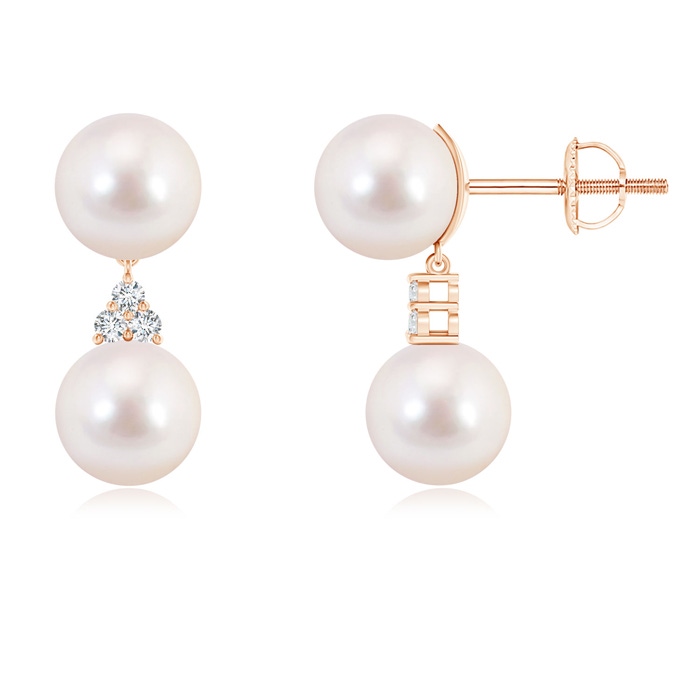 8mm AAAA Japanese Akoya Pearl Drop Earrings with Trio Diamonds in Rose Gold 