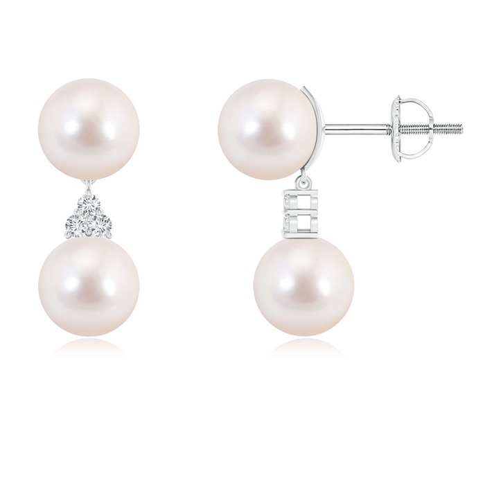 8mm AAAA Japanese Akoya Pearl Drop Earrings with Trio Diamonds in White Gold