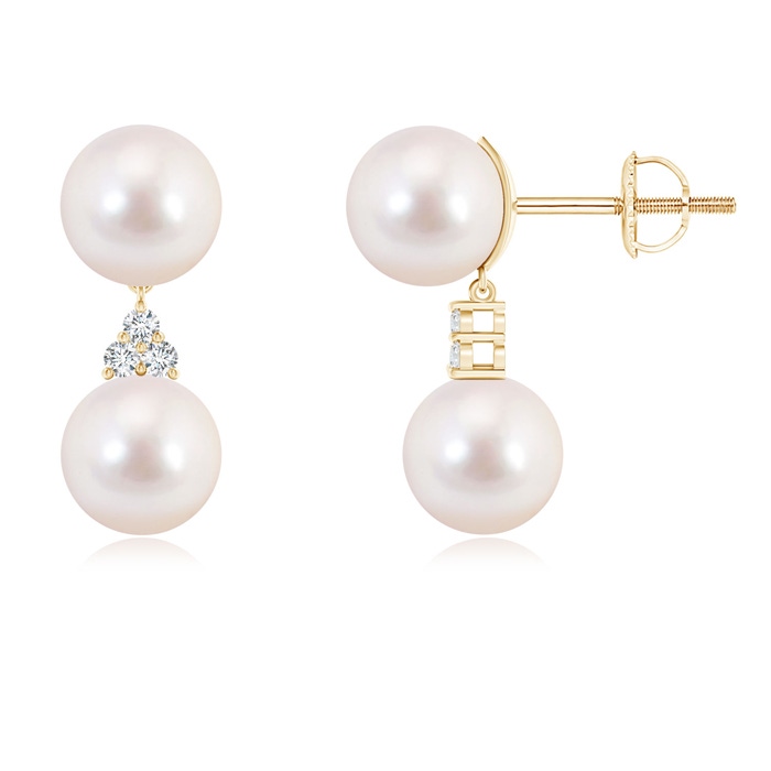 8mm AAAA Japanese Akoya Pearl Drop Earrings with Trio Diamonds in Yellow Gold