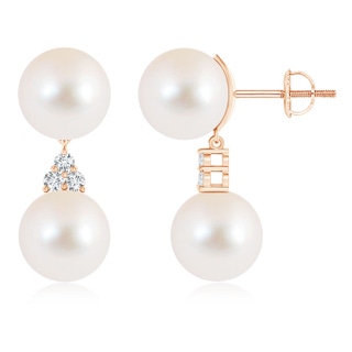 10mm AAA Freshwater Pearl Drop Earrings with Trio Diamonds in Rose Gold