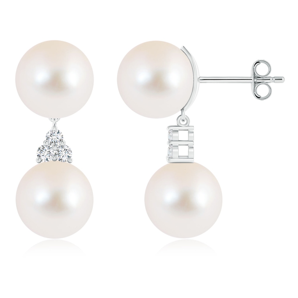 10mm AAA Freshwater Pearl Drop Earrings with Trio Diamonds in S999 Silver
