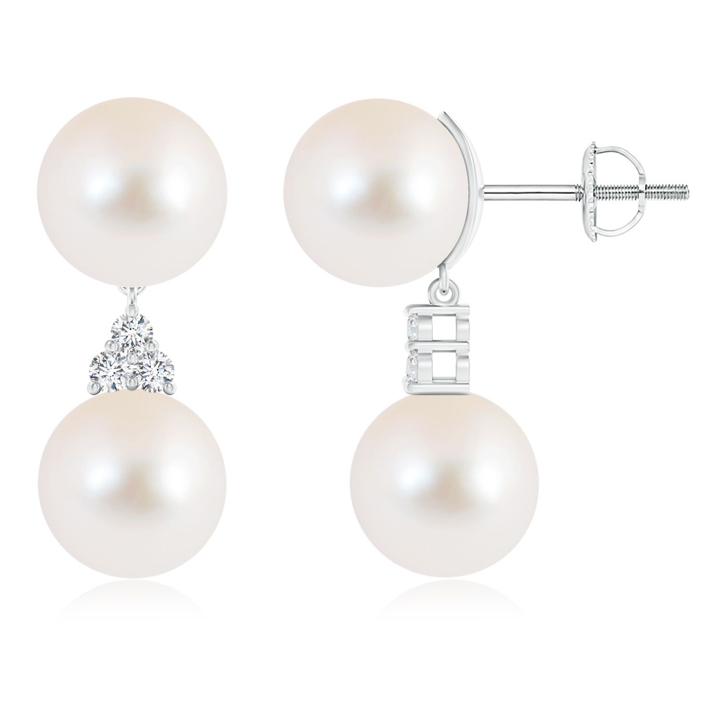 10mm AAA Freshwater Pearl Drop Earrings with Trio Diamonds in White Gold