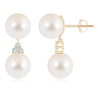 10mm AAA Freshwater Pearl Drop Earrings with Trio Diamonds in Yellow Gold