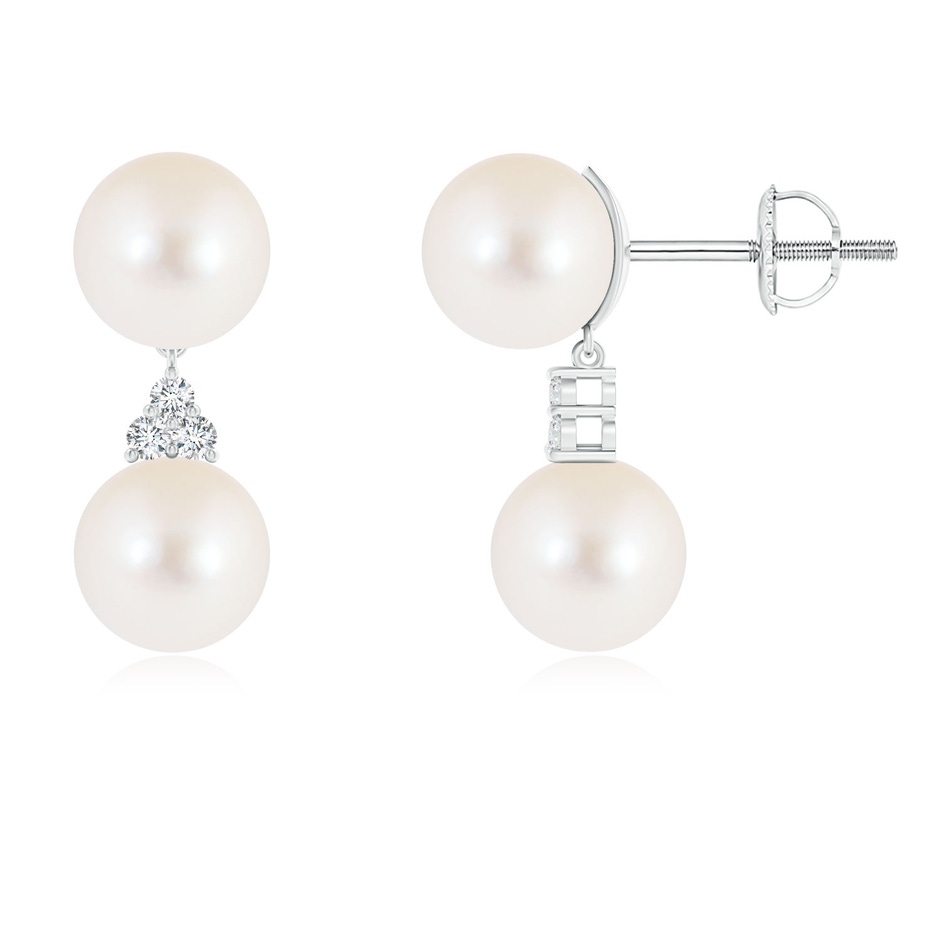 8mm AAA Freshwater Pearl Drop Earrings with Trio Diamonds in White Gold 