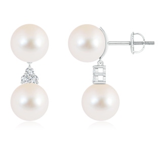 9mm AAA Freshwater Pearl Drop Earrings with Trio Diamonds in White Gold
