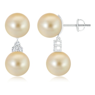 10mm AAA Golden South Sea Cultured Pearl Earrings with Trio Diamonds in White Gold