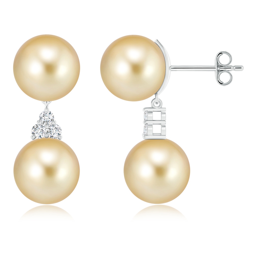 10mm AAAA Golden South Sea Cultured Pearl Earrings with Trio Diamonds in S999 Silver