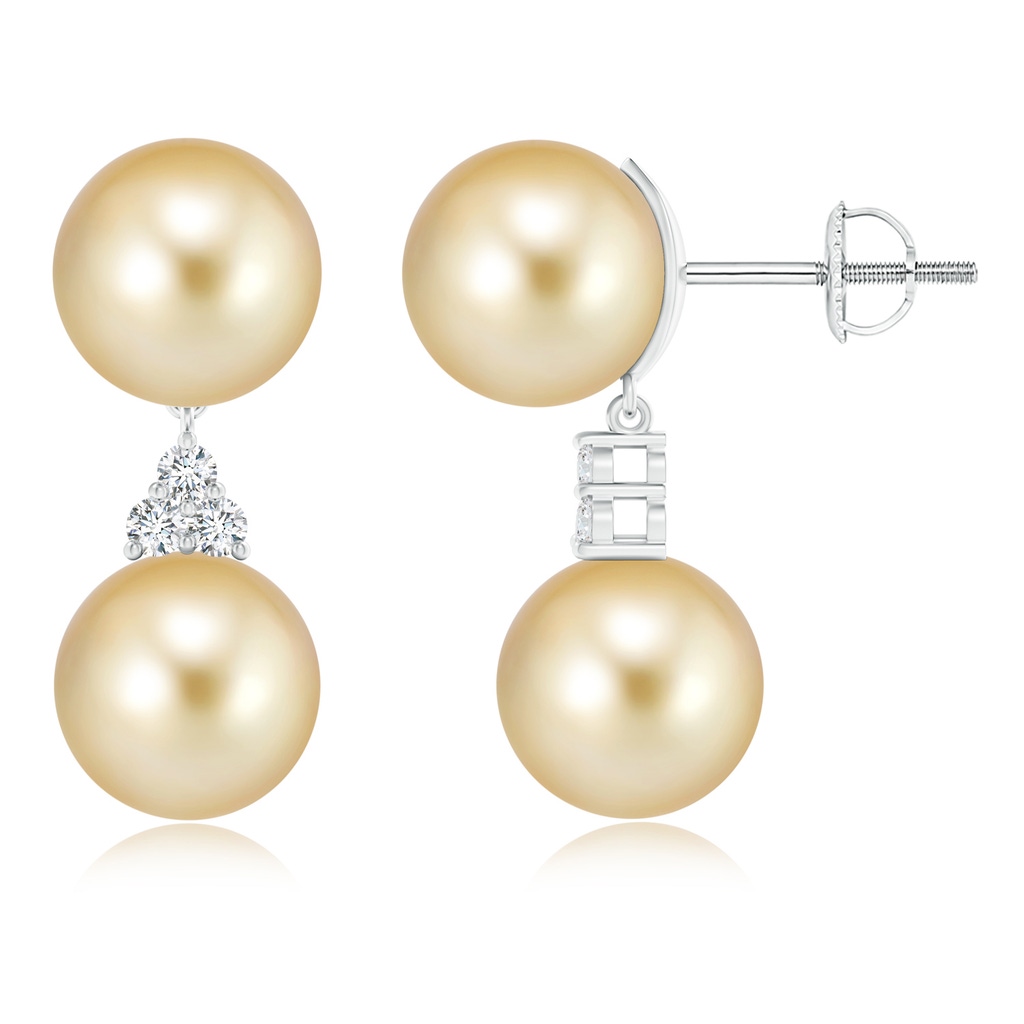 10mm AAAA Golden South Sea Cultured Pearl Earrings with Trio Diamonds in White Gold