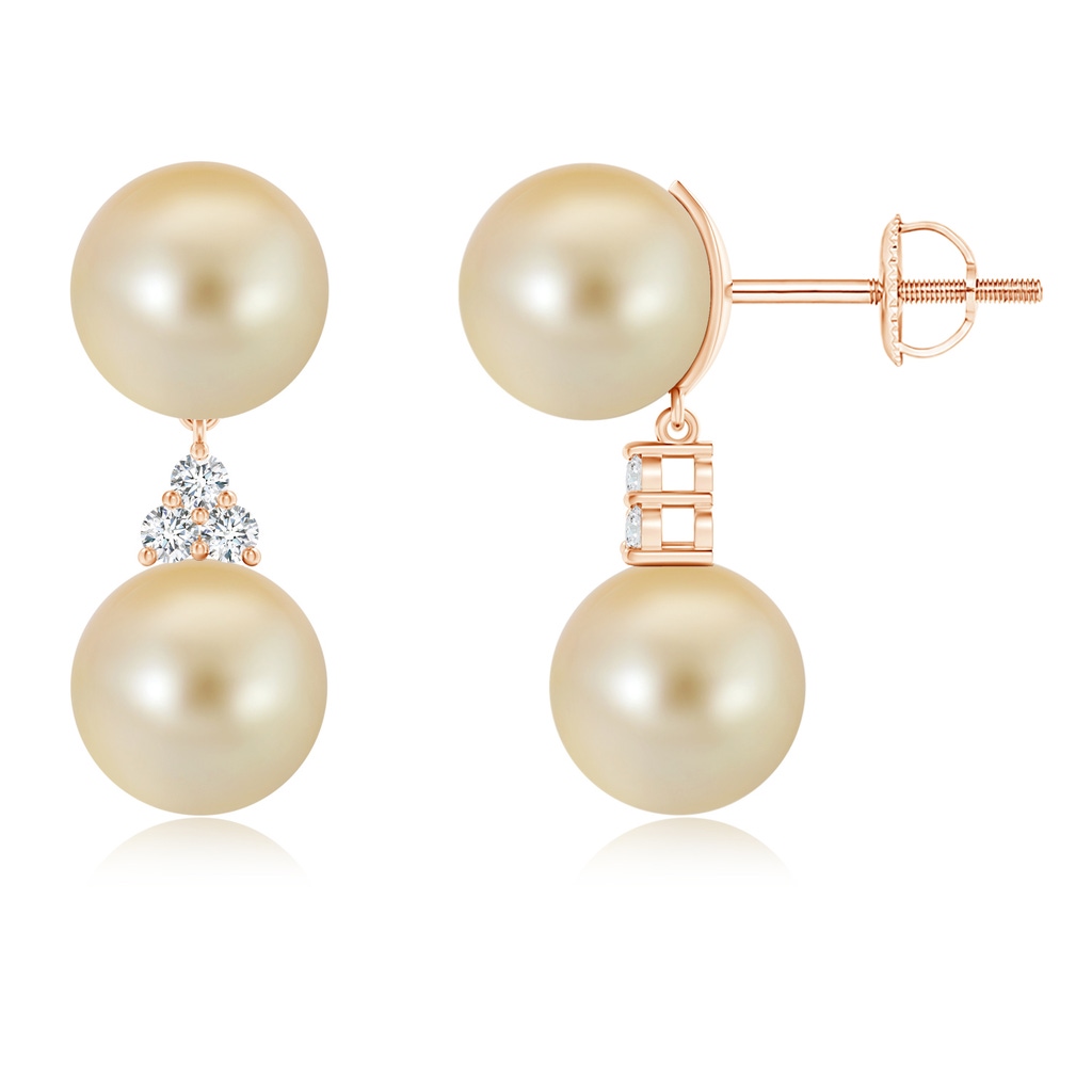 9mm AAA Golden South Sea Cultured Pearl Earrings with Trio Diamonds in Rose Gold 