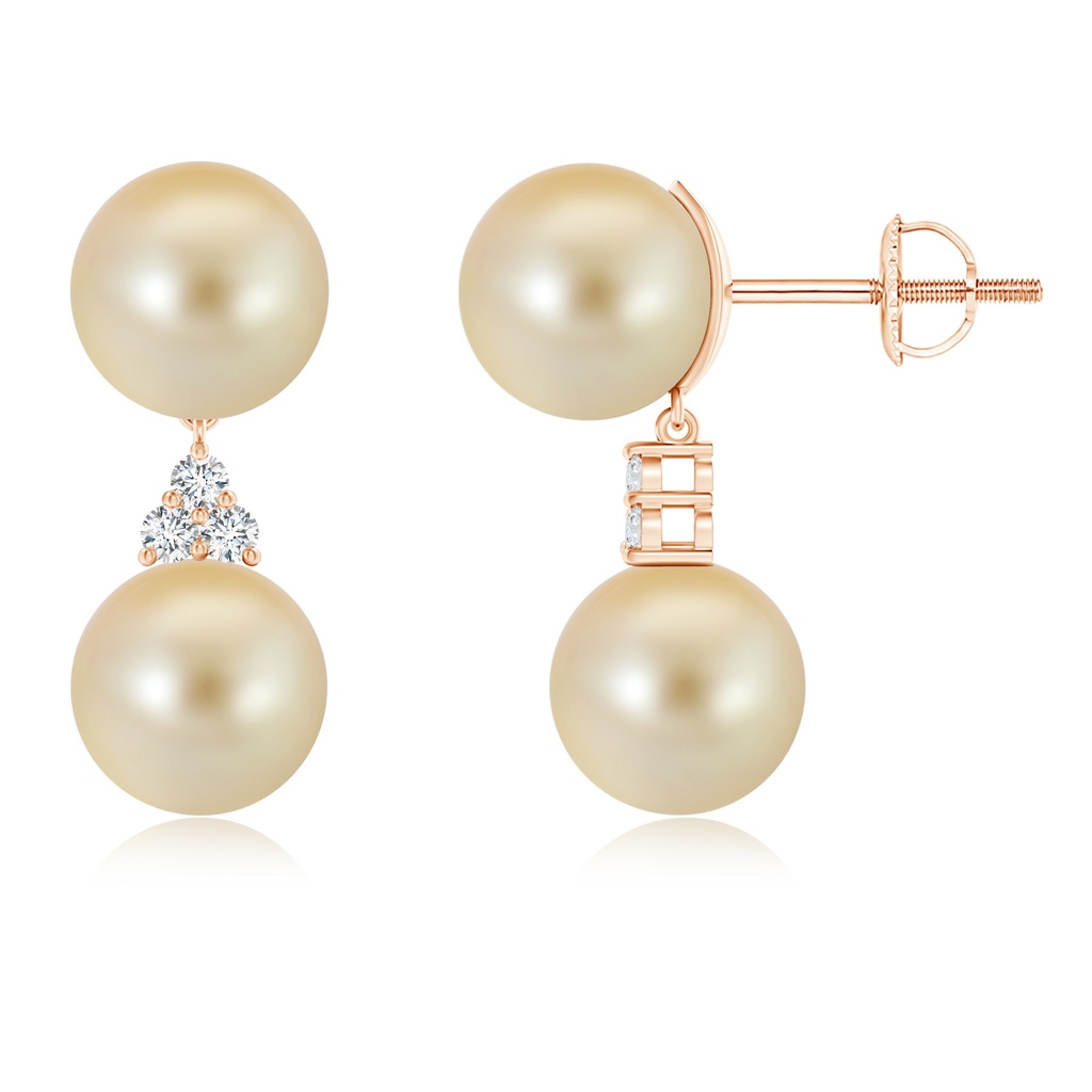 9mm AAA Golden South Sea Cultured Pearl Earrings with Trio Diamonds in Rose Gold