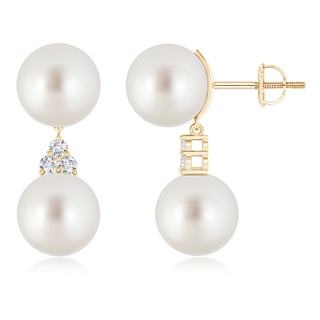 10mm AAA South Sea Cultured Pearl Drop Earrings with Trio Diamonds in Yellow Gold