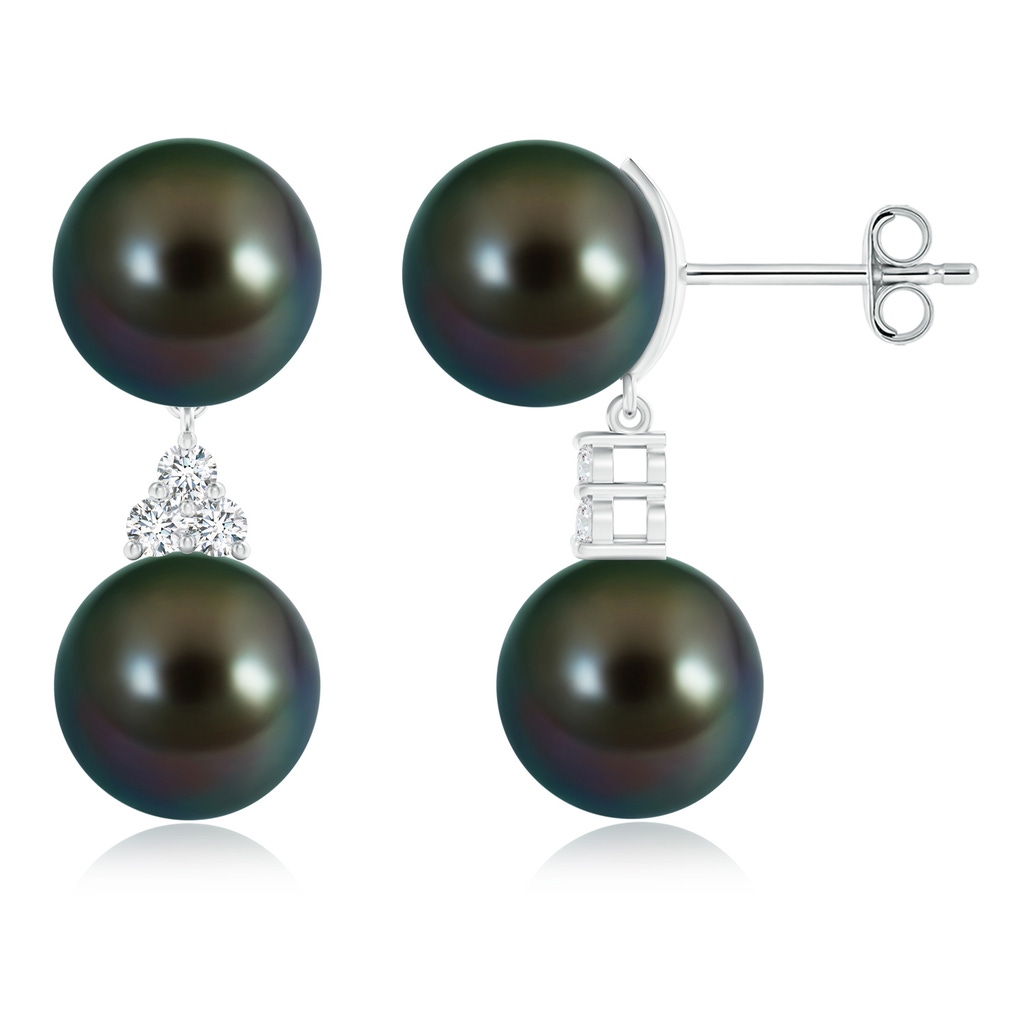 10mm AAAA Tahitian Cultured Pearl Drop Earrings with Trio Diamonds in S999 Silver