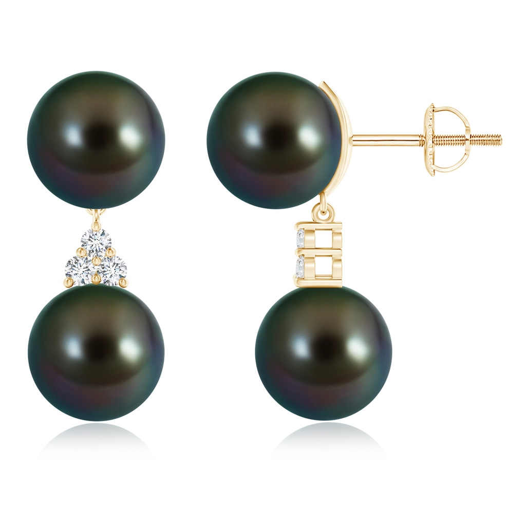 10mm AAAA Tahitian Cultured Pearl Drop Earrings with Trio Diamonds in Yellow Gold