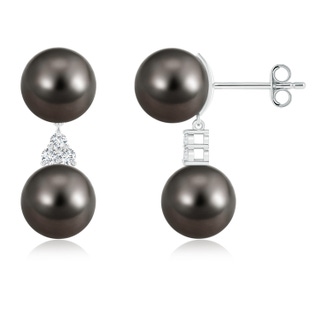 9mm AAA Tahitian Cultured Pearl Drop Earrings with Trio Diamonds in S999 Silver
