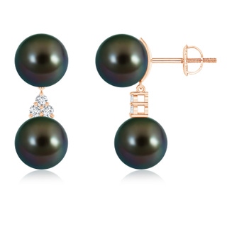 9mm AAAA Tahitian Cultured Pearl Drop Earrings with Trio Diamonds in Rose Gold