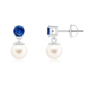 6mm AAA Freshwater Cultured Pearl and Sapphire Dangle Earrings in 9K White Gold