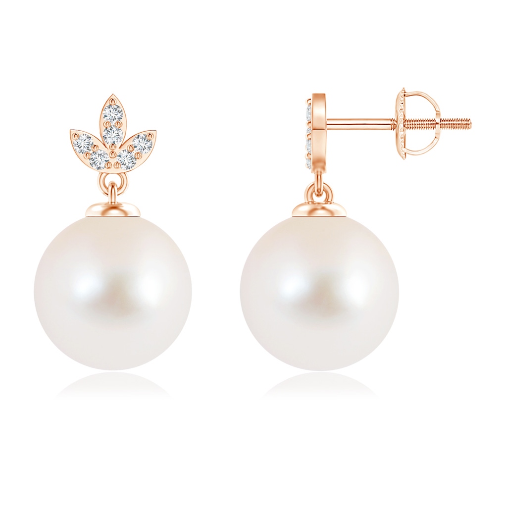 10mm AAA Freshwater Pearl Earrings with Diamond Leaf Motifs in Rose Gold