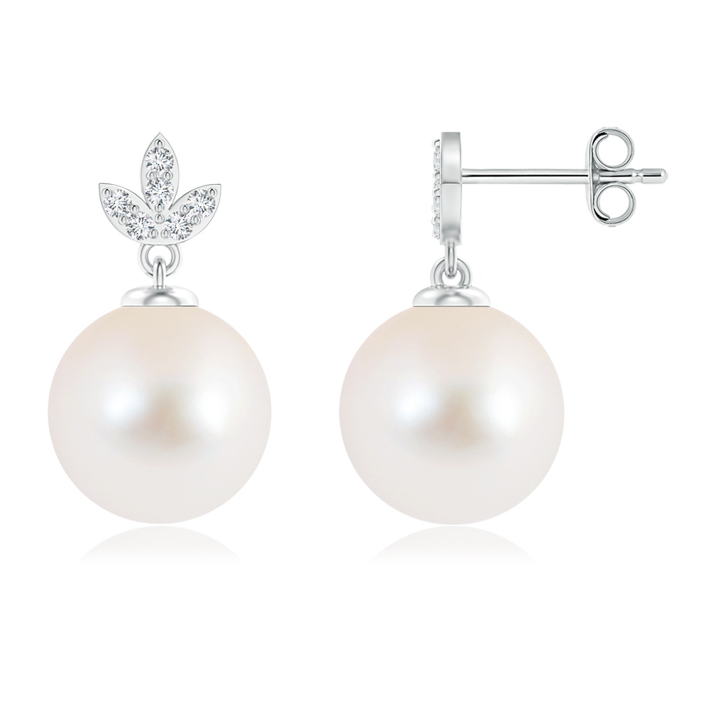 10mm AAA Freshwater Pearl Earrings with Diamond Leaf Motifs in S999 Silver