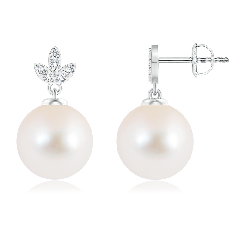 10mm AAA Freshwater Pearl Earrings with Diamond Leaf Motifs in White Gold