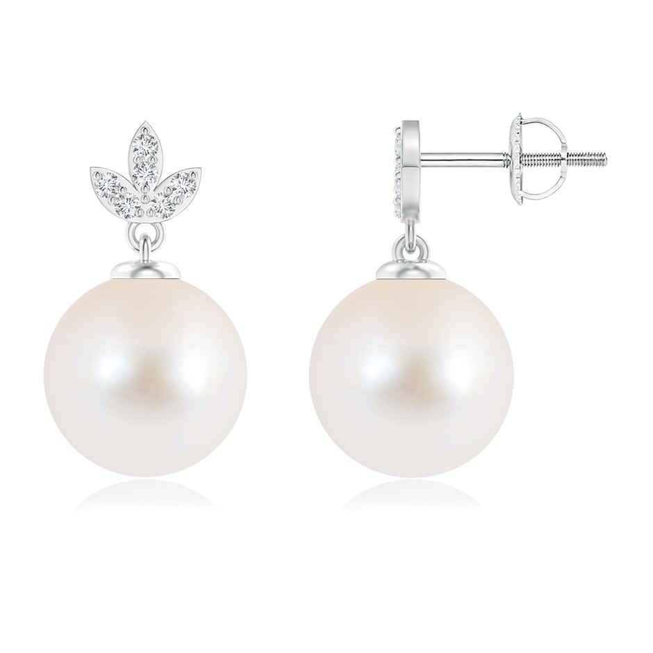 10mm AAA Freshwater Pearl Earrings with Diamond Leaf Motifs in White Gold 