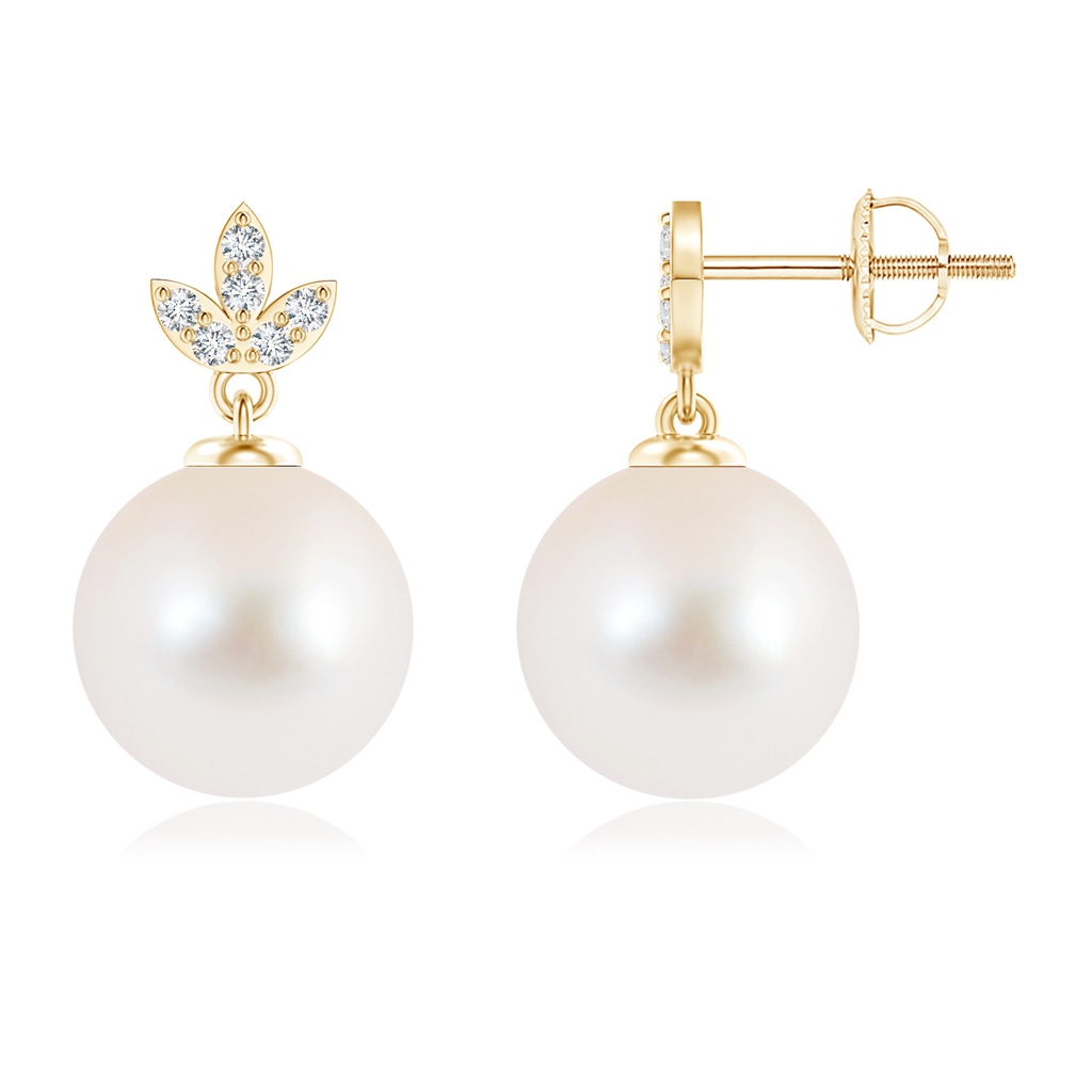 10mm AAA Freshwater Pearl Earrings with Diamond Leaf Motifs in Yellow Gold