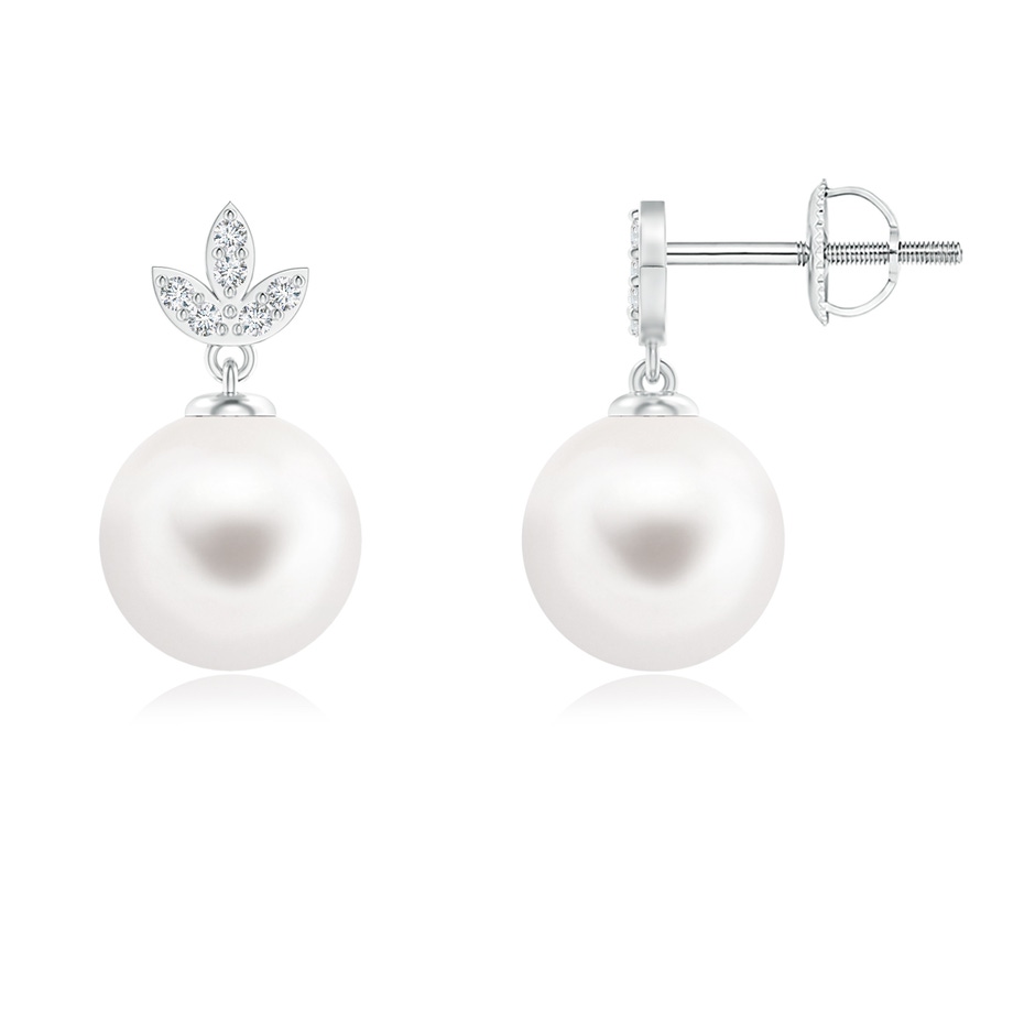 8mm AA Freshwater Pearl Earrings with Diamond Leaf Motifs in White Gold 