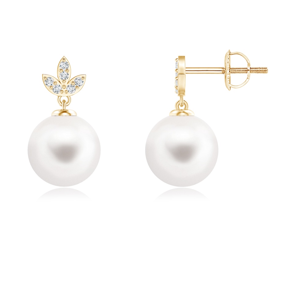 8mm AA Freshwater Pearl Earrings with Diamond Leaf Motifs in Yellow Gold 