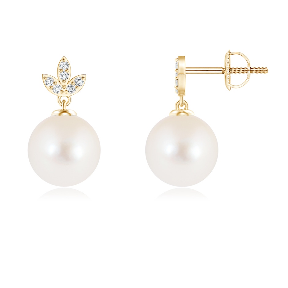 8mm AAA Freshwater Pearl Earrings with Diamond Leaf Motifs in 9K Yellow Gold 
