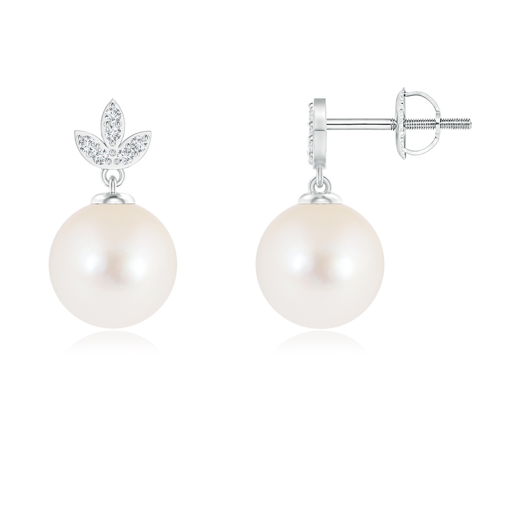 8mm AAA Freshwater Pearl Earrings with Diamond Leaf Motifs in White Gold