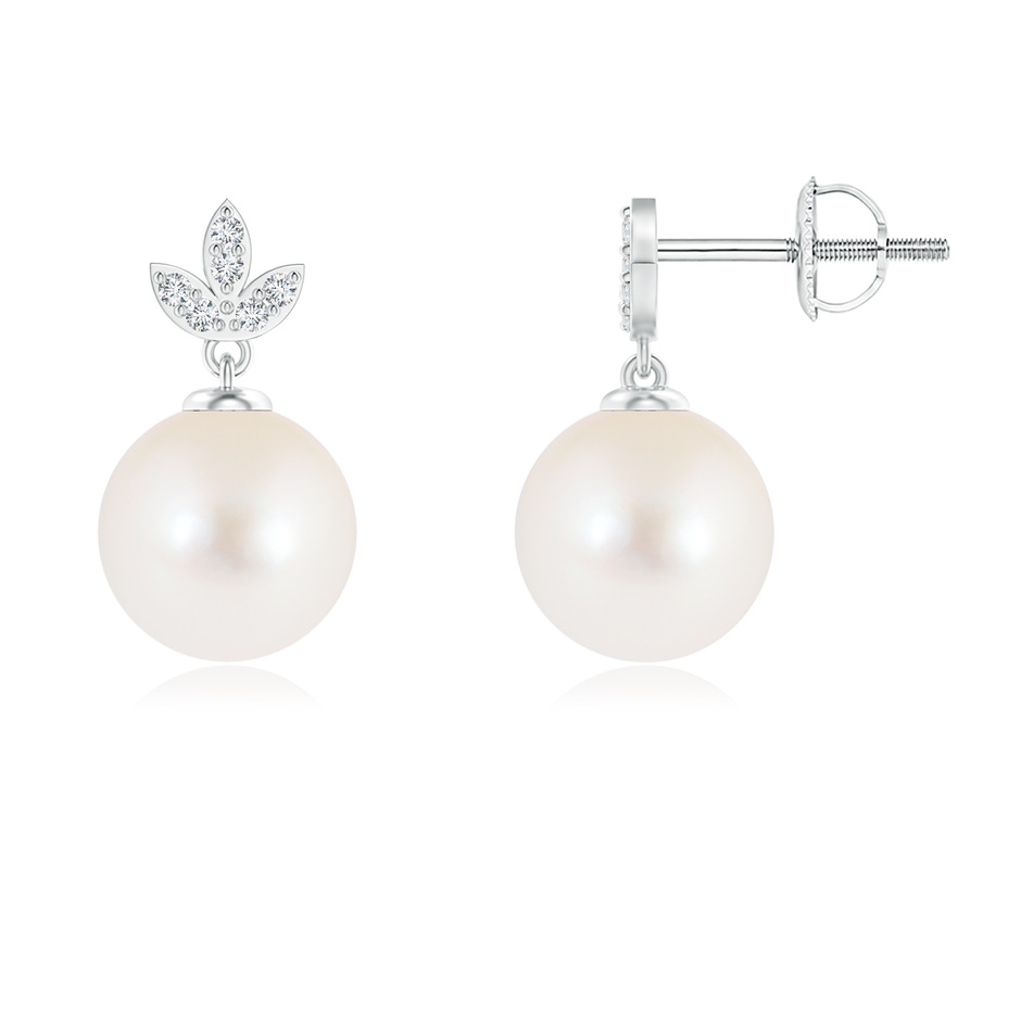 8mm AAA Freshwater Pearl Earrings with Diamond Leaf Motifs in White Gold 