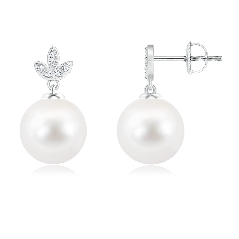 9mm AA Freshwater Pearl Earrings with Diamond Leaf Motifs in 9K White Gold 