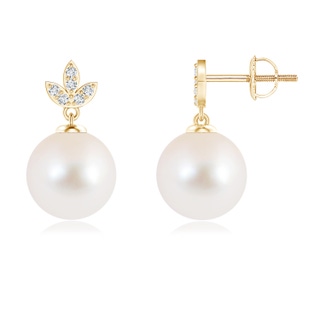 9mm AAA Freshwater Pearl Earrings with Diamond Leaf Motifs in Yellow Gold