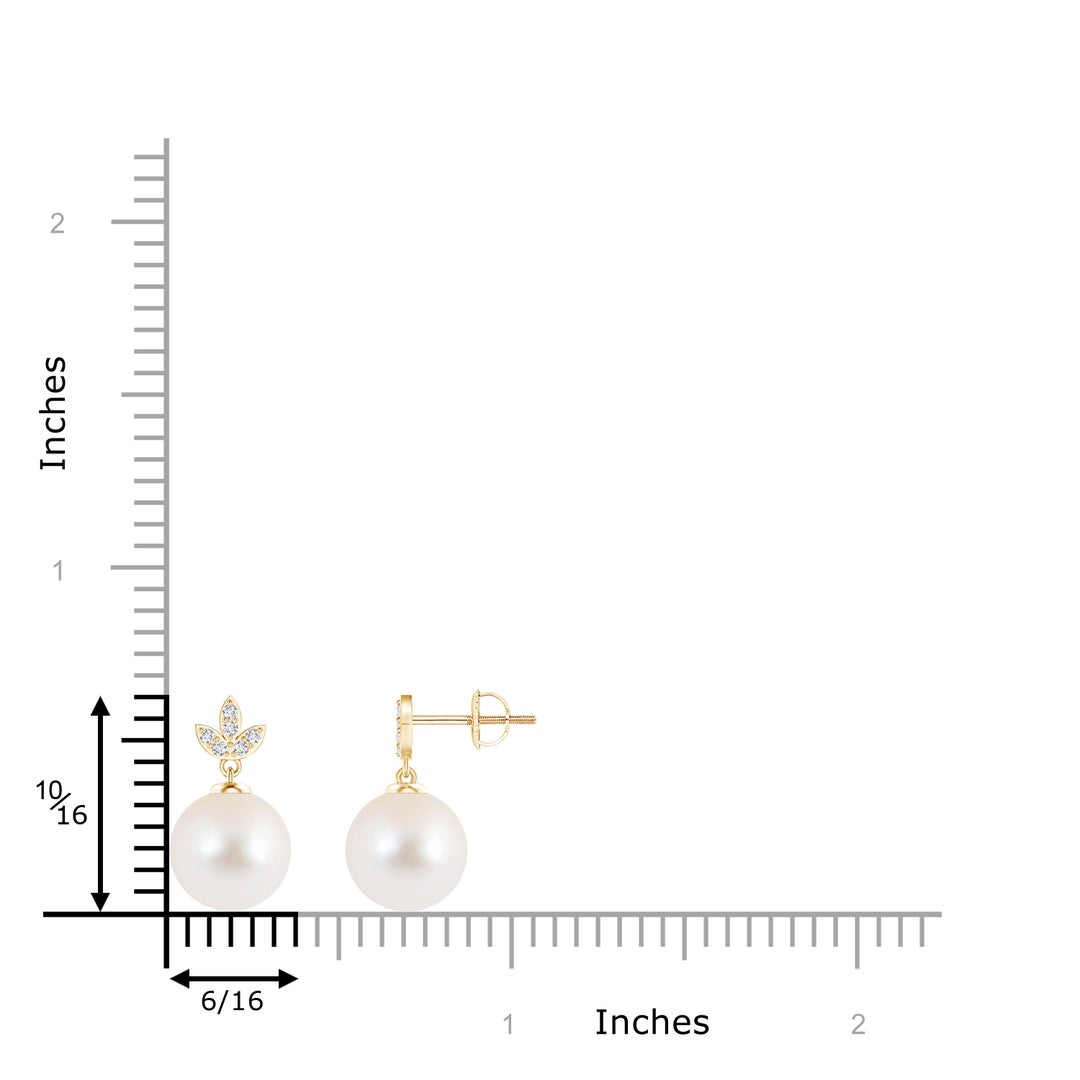 9mm AAA Freshwater Pearl Earrings with Diamond Leaf Motifs in Yellow Gold - ruler