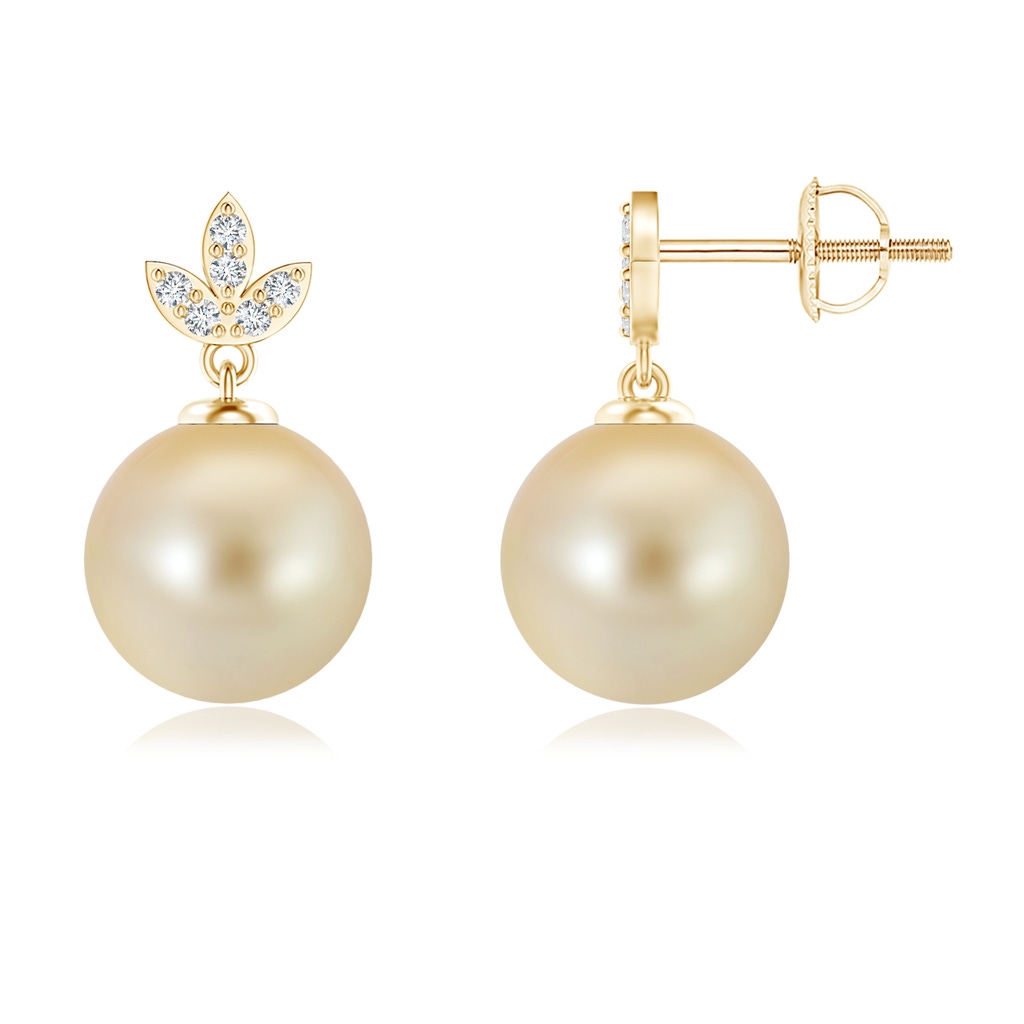 9mm AAA Golden South Sea Cultured Pearl Earrings with Leaf Motifs in Yellow Gold