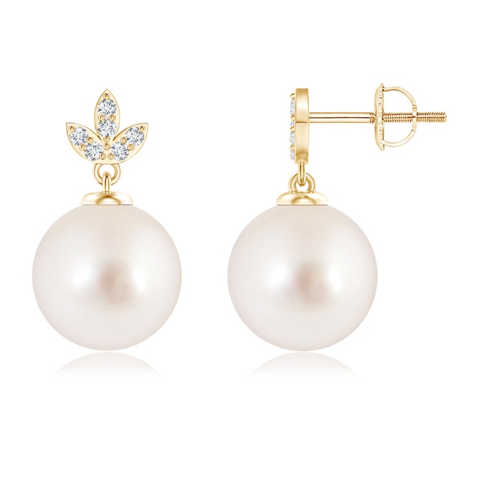 10mm AAAA South Sea Cultured Pearl Earrings with Diamond Leaf Motifs in Yellow Gold