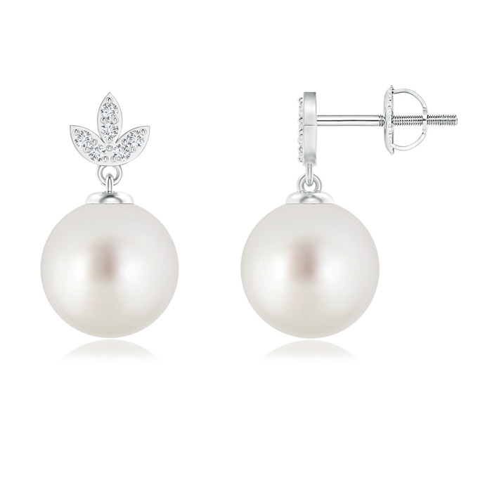 9mm AAA South Sea Cultured Pearl Earrings with Diamond Leaf Motifs in White Gold 