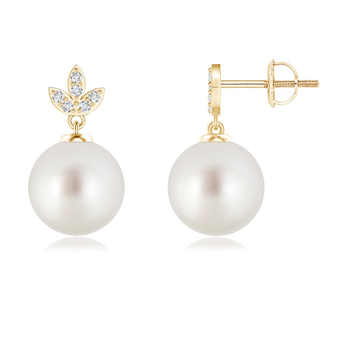 9mm AAA South Sea Cultured Pearl Earrings with Diamond Leaf Motifs in Yellow Gold