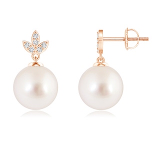 9mm AAAA South Sea Cultured Pearl Earrings with Diamond Leaf Motifs in Rose Gold