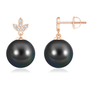 10mm AA Tahitian Cultured Pearl Earrings with Diamond Leaf Motifs in Rose Gold