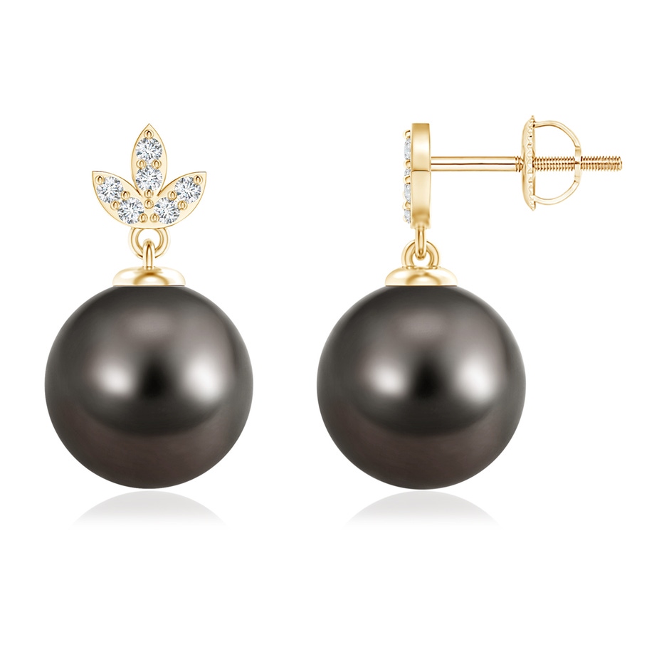 10mm AAA Tahitian Cultured Pearl Earrings with Diamond Leaf Motifs in Yellow Gold 