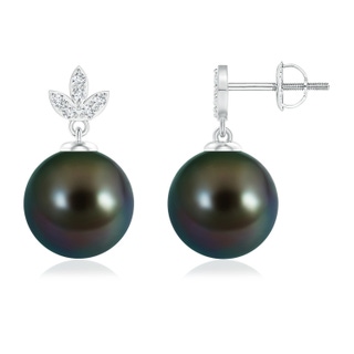 10mm AAAA Tahitian Cultured Pearl Earrings with Diamond Leaf Motifs in White Gold